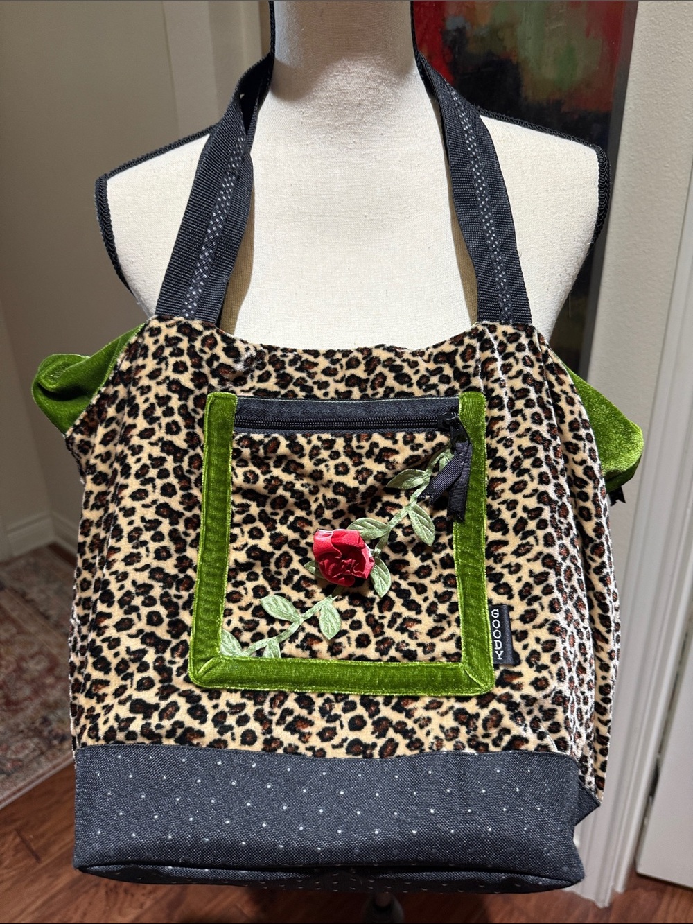 Vintage Goody Leopard Print Velvet Tote with Green Trim and Red Rose Accent
